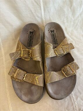 Mephisto‎ Gold Snake-Print Double Strap Buckle Sandals